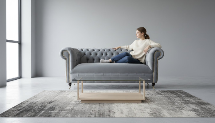 Chesterfield grigio divano a tre posti in velluto 230 cm