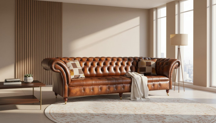 Divano 4 posti di design Chesterfield, lussuoso divano imbottito in pelle marrone nuovo.