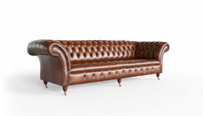 Divano 4 posti di design Chesterfield, lussuoso divano imbottito in pelle marrone nuovo.