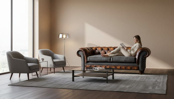Chesterfield Design Divano di lusso Imbottito Sofa Couch Sedile Soggiorno Pelle Nuovo