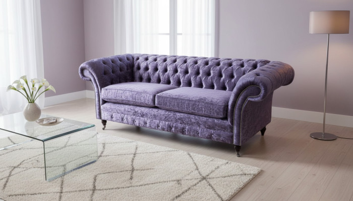 Chesterfield divano a tre posti 3 posti letto in stile soggiorno viola in tessuto.
