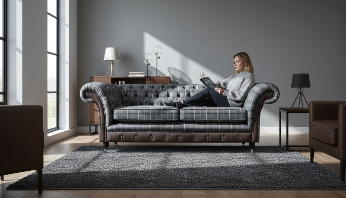 Divano 3 posti in tessuto grigio Chesterfield.