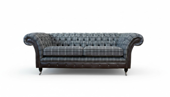 Divano 3 posti in tessuto grigio Chesterfield.