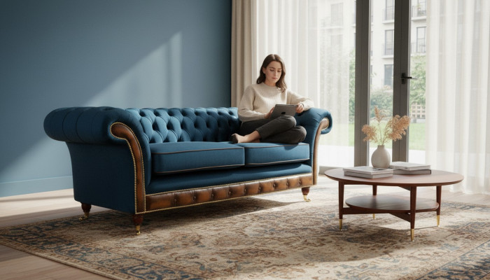 Design divano a tre posti Chesterfield imbottito per la stanza dei mobili.