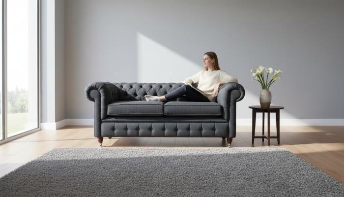 Divano Chesterfield imbottito in tessuto grigio a due posti.