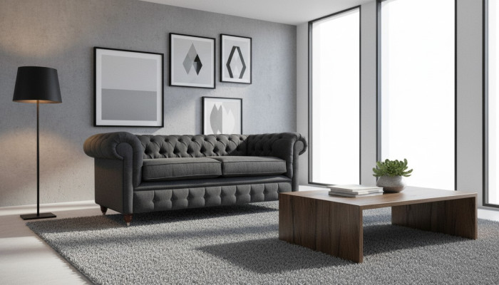 Divano Chesterfield imbottito in tessuto grigio a due posti.