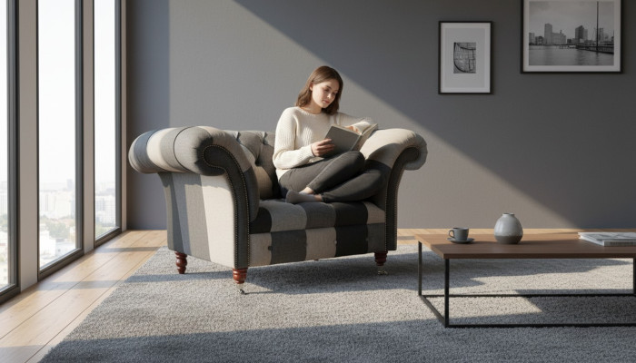 Divano monoposto in tessuto Lounge di lusso, nuovo design di poltrona imbottita.