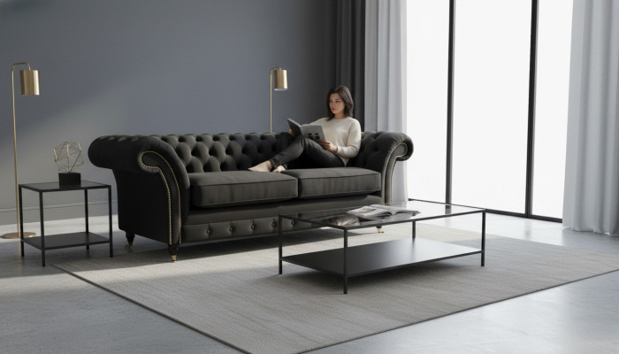Divano Chesterfield a 3 posti in tessuto di lusso.