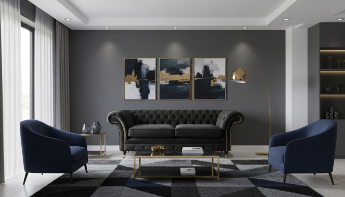 Divano Chesterfield a 3 posti in tessuto di lusso.