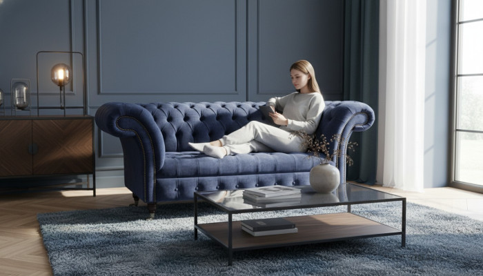 Divano Chesterfield design 2 posti imbottito blu, nuovi divani.