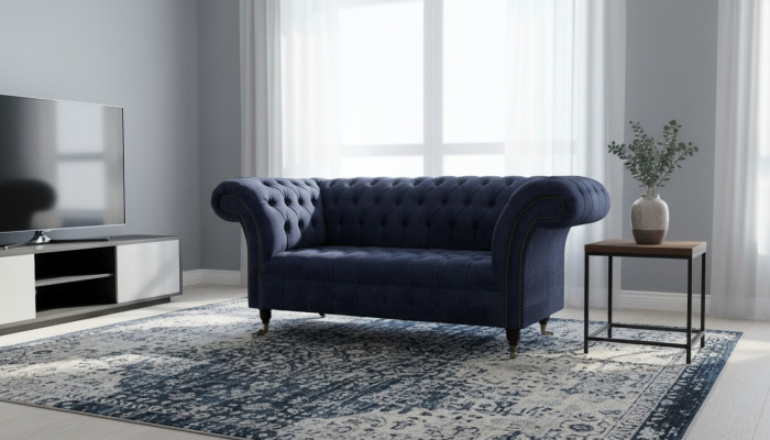 Divano Chesterfield design 2 posti imbottito blu, nuovi divani.
