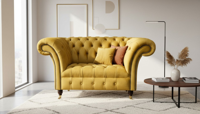 Chesterfield Giallo Poltrona Divano Imbottita Tessuto di Design di Lusso Nuovo