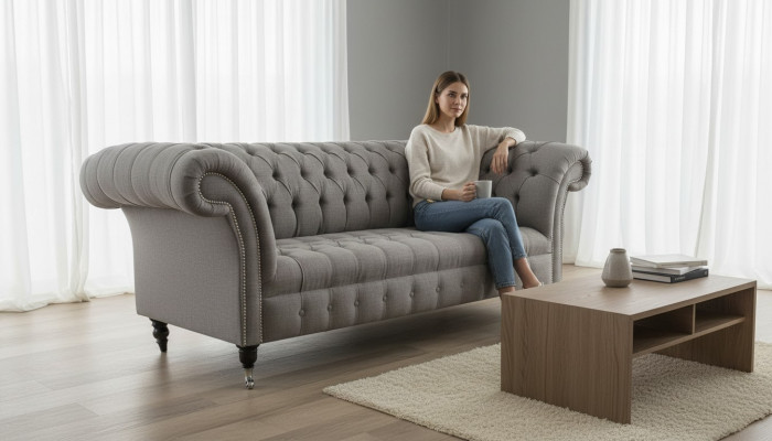 Chesterfield divano 3 posti in tessuto grigio stile moderno