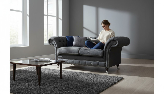 Divano Chesterfield 2 posti in tessuto grigio nuovo