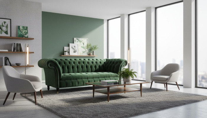 Divano design 3 posti in tessuto Chesterfield per il soggiorno.
