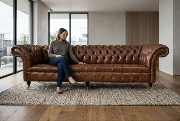 Divano 4 posti in pelle marrone stile moderno di lusso Chesterfield.