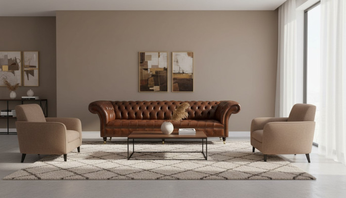 Divano 4 posti in pelle marrone stile moderno di lusso Chesterfield.