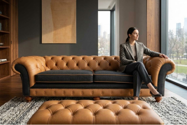Elegante divano soggiorno a 4 posti imbottito Chesterfield in pelle e tessuto nuovo.
