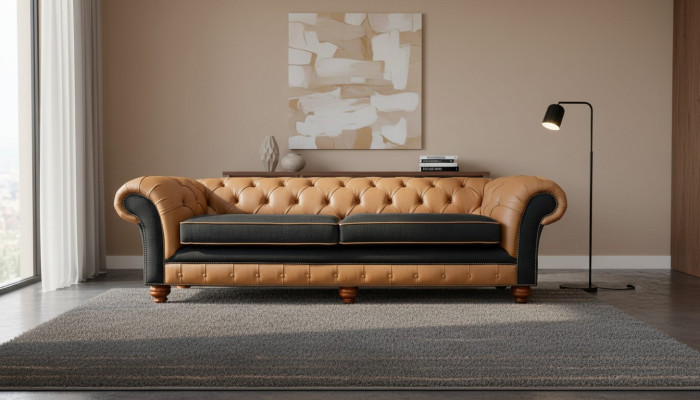 Elegante divano soggiorno a 4 posti imbottito Chesterfield in pelle e tessuto nuovo.