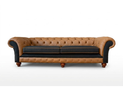 Elegante divano soggiorno a 4 posti imbottito Chesterfield in pelle e tessuto nuovo.