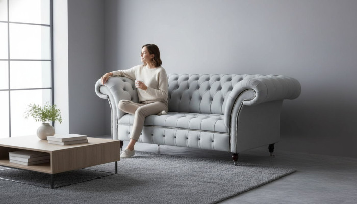 Divano Chesterfield imbottito due posti grigio in pelle.