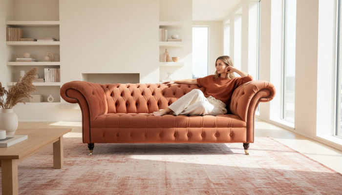 Divano Chesterfield 3 posti di lusso in tessuto imbottito. Nuovo divano in stoffa.