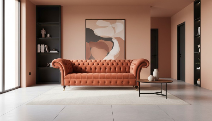 Divano Chesterfield 3 posti di lusso in tessuto imbottito. Nuovo divano in stoffa.
