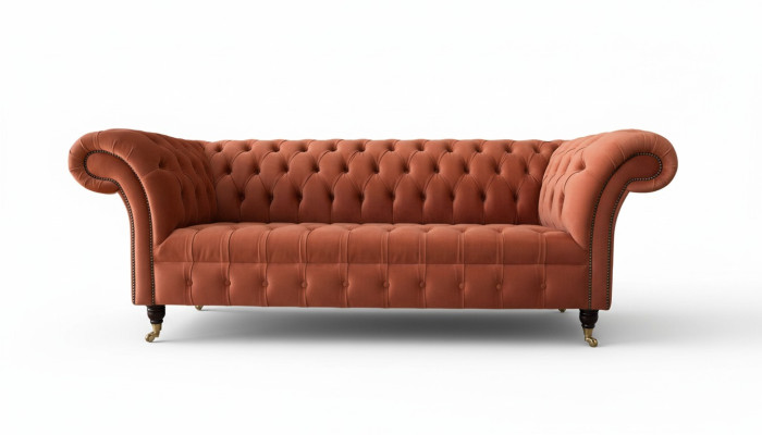 Divano Chesterfield 3 posti di lusso in tessuto imbottito. Nuovo divano in stoffa.