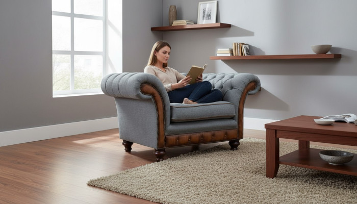Poltrona design relax in tessuto lounge di lusso grigia imbottita Chesterfield.