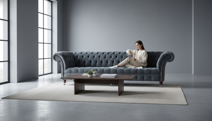 Divano a quattro posti Sofà 4 posti design moderno grigio in tessuto Chesterfield