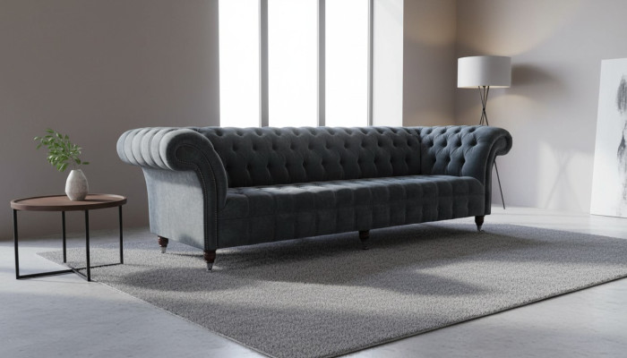 Divano a quattro posti Sofà 4 posti design moderno grigio in tessuto Chesterfield