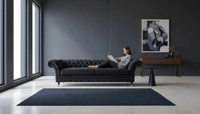 Divano design a 4 posti imbottito di lusso, classico tessile Chesterfield.