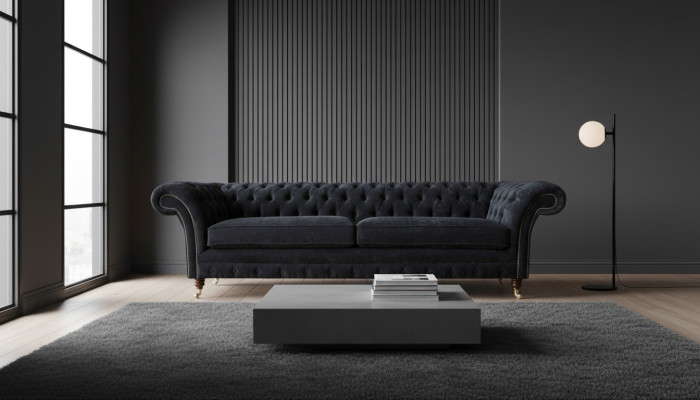Divano design a 4 posti imbottito di lusso, classico tessile Chesterfield.