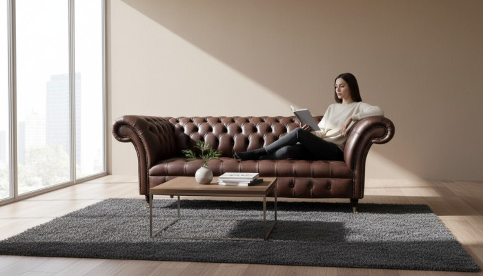 Divano Chesterfield in pelle a 3 posti per soggiorno, designer couchen imbottito.