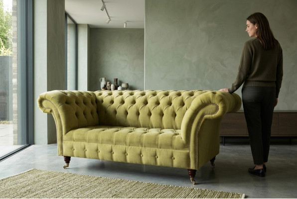 Divano a due posti di lusso 2 posti soggiorno verde chiaro Chesterfield tessuto nuovo