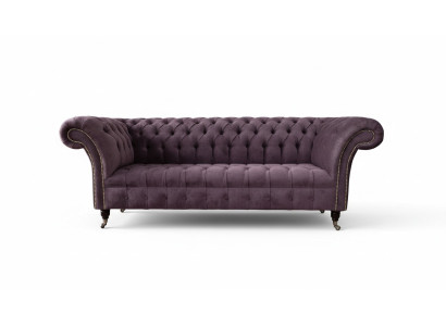 Divano moderno Chesterfield a 3 posti in tessuto viola, nuovo.