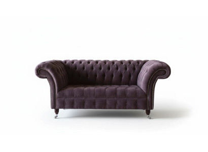 Divano Chesterfield design lilla con tessuto imbottito, due posti, nuovo.
