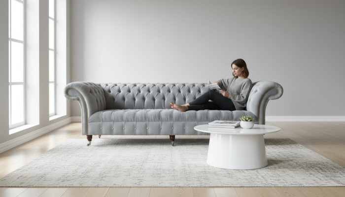Divano Chesterfield Design a 4 posti in tessuto di lusso.