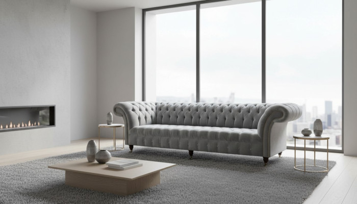 Divano Chesterfield Design a 4 posti in tessuto di lusso.