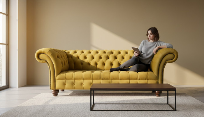 Chesterfield Divano Giallo Imbottito a 3 Posti con Sedili Divani a Tre Posti
