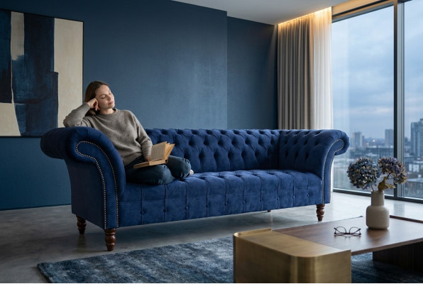 Chesterfield Design Divano di lusso imbottito 3 posti blu tessuto nuovo