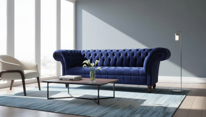 Chesterfield Design Divano di lusso imbottito 3 posti blu tessuto nuovo