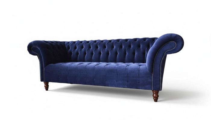 Chesterfield Design Divano di lusso imbottito 3 posti blu tessuto nuovo