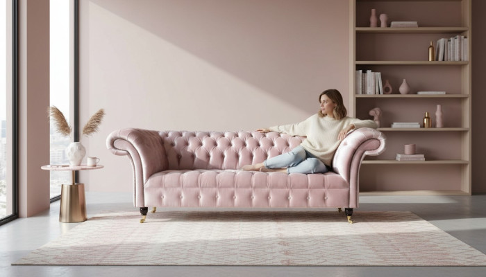 Chesterfield divano a 3 posti in tessuto rosa nuovo per il soggiorno.