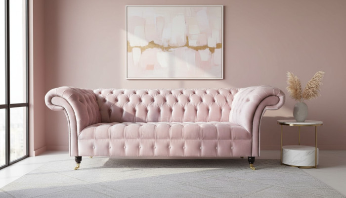Chesterfield divano a 3 posti in tessuto rosa nuovo per il soggiorno.
