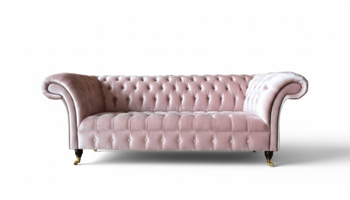Chesterfield divano a 3 posti in tessuto rosa nuovo per il soggiorno.
