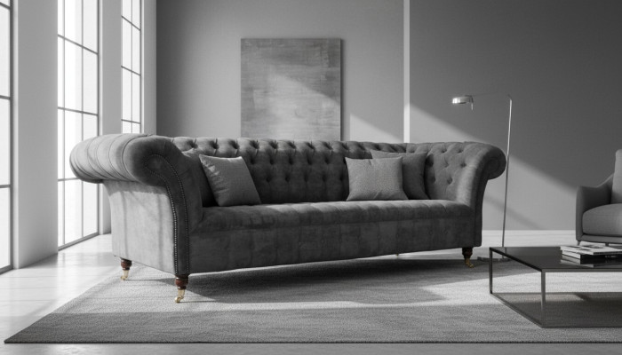 Chesterfield divano a 3 posti imbottito in tessuto grigio.