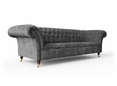 Chesterfield divano a 3 posti imbottito in tessuto grigio.