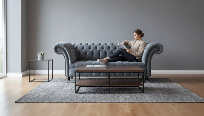 Divano Chesterfield 3 posti in tessuto grigio, lussuoso divano da soggiorno.