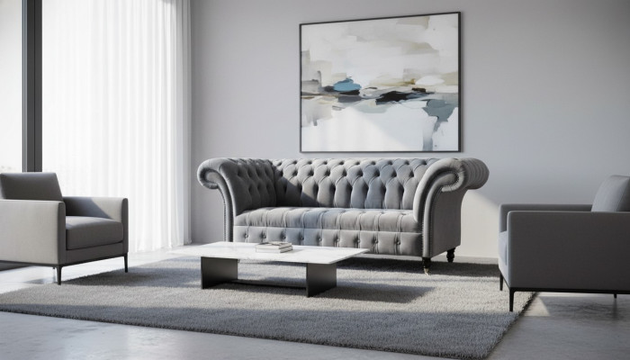 Divano Chesterfield 3 posti in tessuto grigio, lussuoso divano da soggiorno.